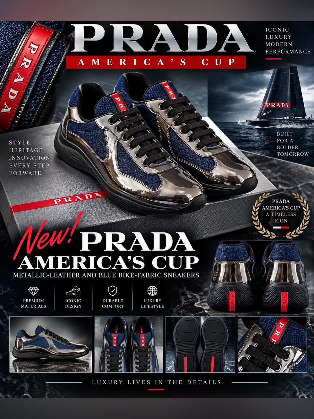 New!🔥Prada America's Cup metallic-leather and Blue bike-fabric sneakers!🔥